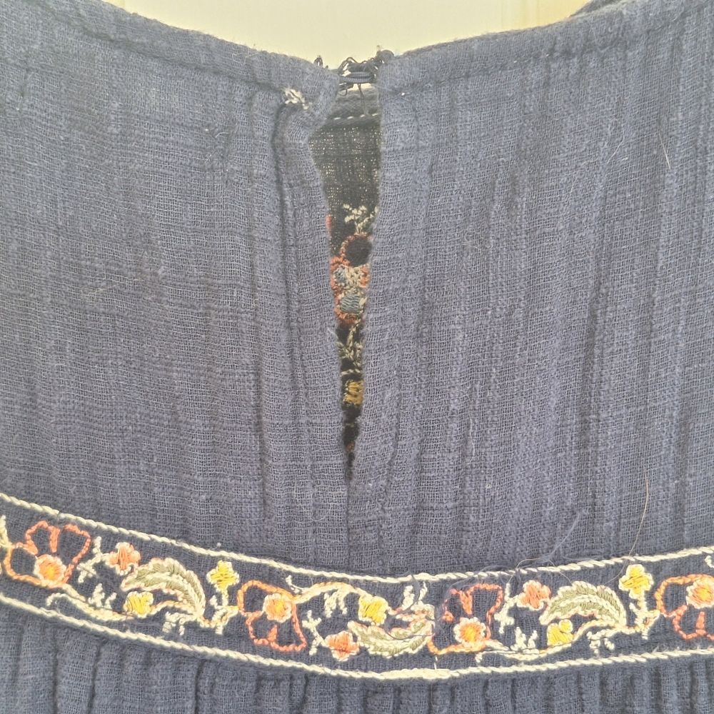 Max Studio Embroidered Sleeveless Dress Pockets Tiered Cotton Gauze XS Navy Blue - Picture 16 of 16